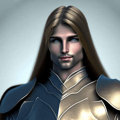 He has a slim and agile build. His long, dark blonde, straight hair is usually tied in a ponytail. His facial features are elegant and have slightly elfin features. His eyes are green. He has slightly tanned skin. His sharp and watchful gaze shows that he is constantly alert to his surroundings. He wears light leather armor and a cloak in shades of green. He carries a short sword at his waist and a bow on his back.