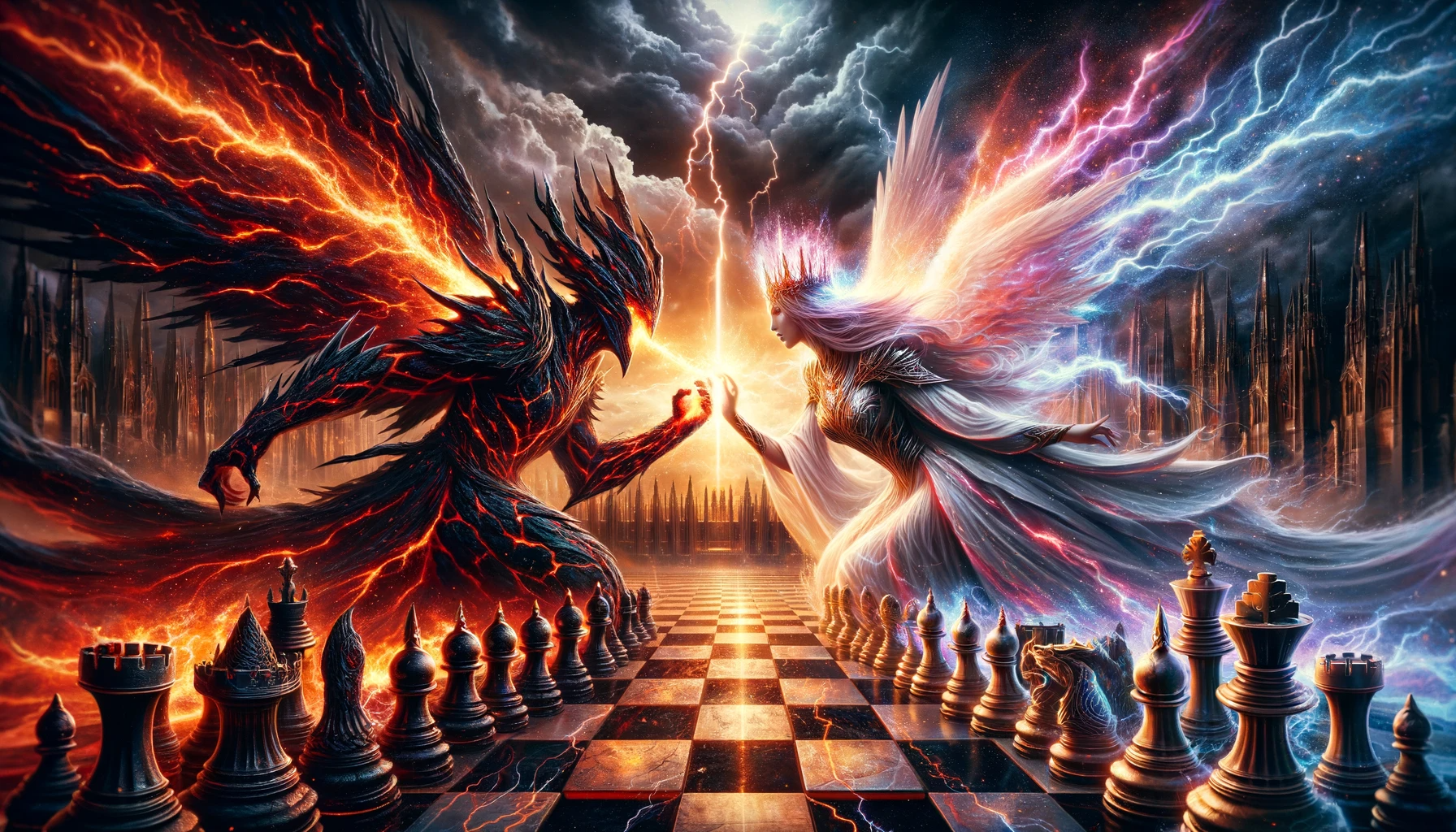 Create an awe-inspiring digital painting of a mythical duel between an infernal knight and a divine queen on an expansive chessboard. The knight, an imposing figure with armor that weaves darkness and flames, stands engulfed in smoldering embers and crackling fire. Opposite him, the queen emanates a celestial aura, her wings unfurling with brilliant light and pure energy. They confront each other amidst a dynamic backdrop of a futuristic city skyline, with stormy clouds overhead and bolts of lightning casting dramatic shadows. Enhance the scene with more intricate details on their armor, a more intense interplay of light and dark, and a heightened sense of an impending clash between elemental powers. The chessboard itself is a battleground, reflecting the epic scale of their confrontation.