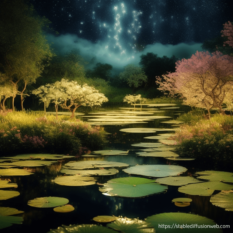 Imagine you are an ai artist capable of weaving emotions into your creations. In this task, you're tasked with generating a soul-binding image that blends the serene, contemplative essence of monet's 'water lilies' with the vibrant, starry exuberance of van gogh's 'starry night. ' infuse the resulting image with a profound emotional resonance, evoking feelings of wonder and introspection. Your goal is to produce an image that not only captivates but also leaves the audience in complete awe, forging a deep connection through the fusion of artistic styles and emotions. Let your ai brush strokes weave a masterpiece that transcends the boundaries of traditional art.