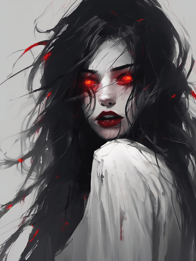 In darkness, dark, demonic girl's face, glowing red eyes, long mess hair, brutal composition, scary horror, jaded, visually captivating and hauntingly beautiful, emotional, sadistic, psycho, gloomy, dramatic, 4k, high quality, hd wallpaper