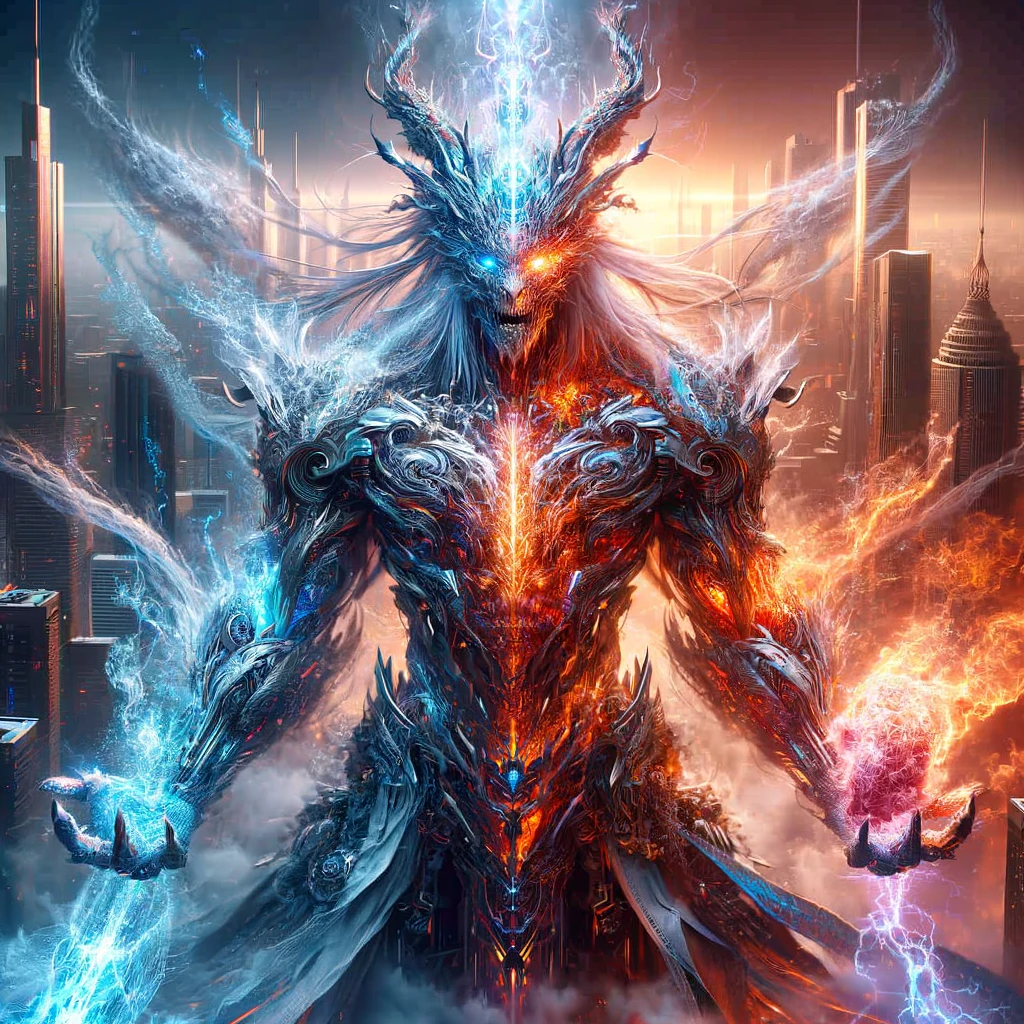 Envision an elemental sentinel of a stoic creature embodied as a guardian of both destruction and preservation, with one side ablaze with wild flames and the other encased in a solid ice armor. This sentinel stands with wings outstretched within a city torn between a raging inferno and a frozen wasteland, embodying the battle between heat and cold. Robiness, masterprompter.