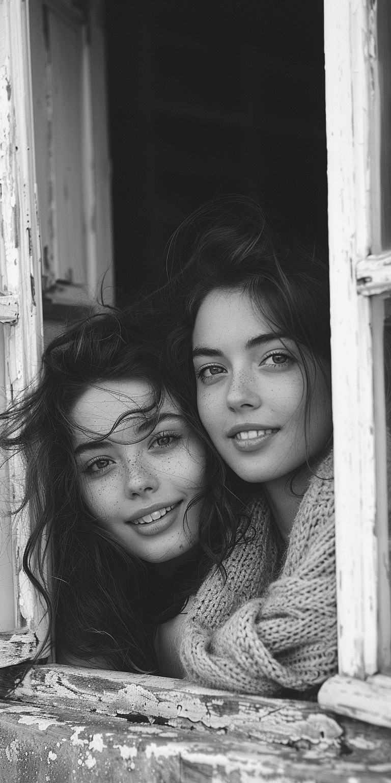 A black and white photo of two young women smiling as they lean out the window of an old house in france, romantic style with natural light and soft shadows, little contrast and the focus is clean and sharp, shot on a hasselblad camera in the style of natural light photography. --ar 1:2 --stylize 750