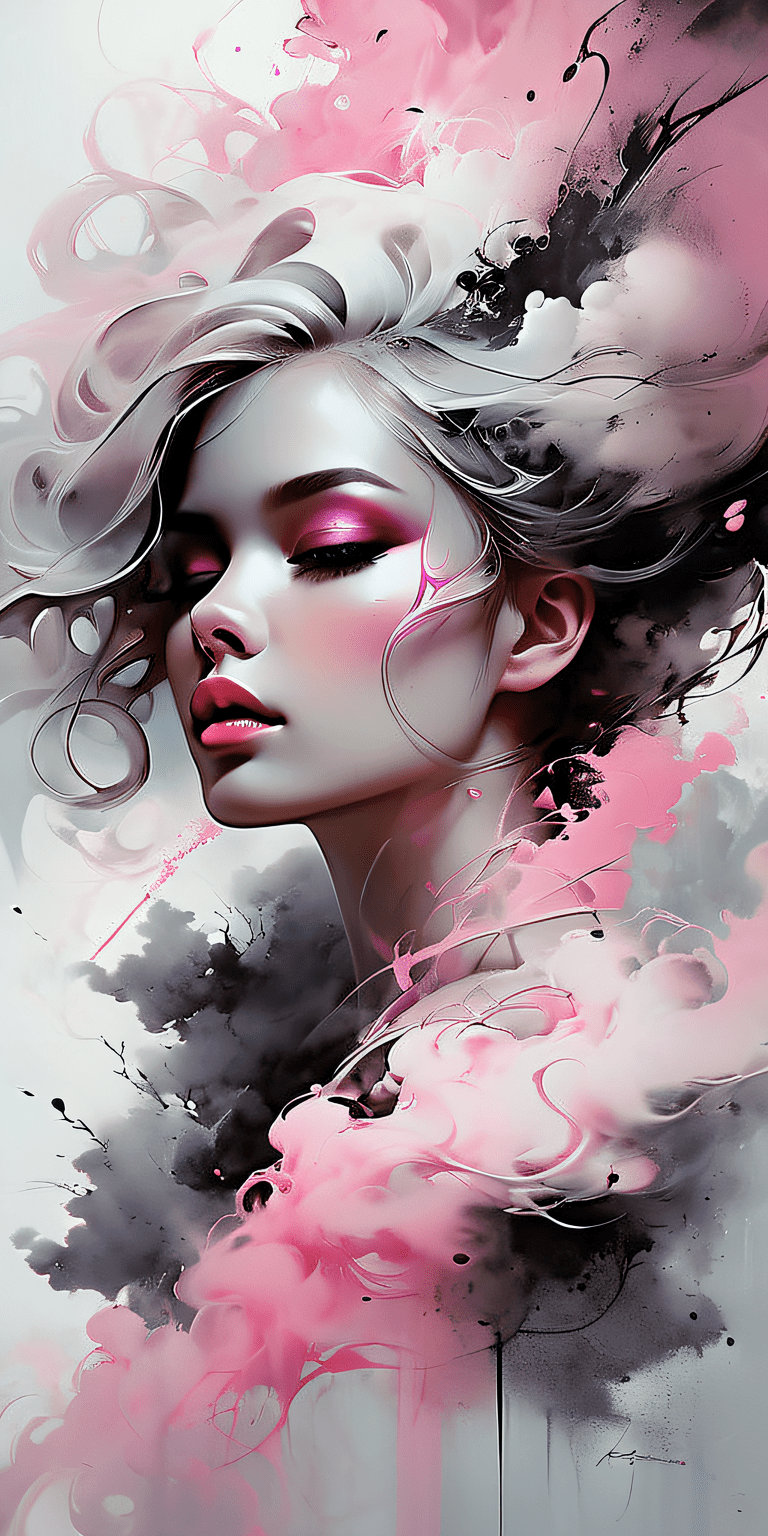 Portrait of a woman covered in cloud of smoke, whirlwind, pink highlight colors, pink make-up, hints of pastel, misty, seductive, sultry, breathtaking, oil painting style, artistic, aesthetic modern art, hyper-realism