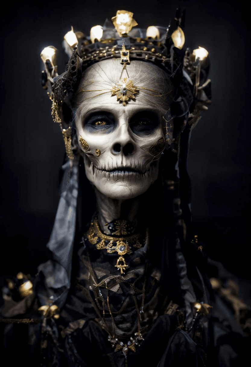 The image features a dead old queen in full attributes, depicted as a mummy. She is wearing a crown and a necklace, with a gold crown on her head and a gold necklace around her neck. The mummy's face is skeletal, and she appears to be wearing a gold and black dress. The scene is set in a dark environment, with a black background and a few lights illuminating the mummy. The overall atmosphere of the image is eerie and mysterious, as it captures the essence of a long-deceased queen preserved in her tomb. (controlnet_mode:canny juggernautxl_v5, sdxl-1. 0. 0. 9. Safetensors, seargesdxl4. 2-llama2 prompt)