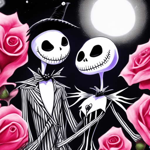 **the nightmare before valentines day, jack skellington and sally showing affection, glowing hearts, a valentine love fest, roses, hearts, night sky in the background, style of tim burton, stop motion animation, depth of field, cinematic composition, digital art in the style of loish and greg rutkowski, trending on pixiv fanbox, popcore anime art style, vibrant colors, vivid, glowing--v 6. 0**