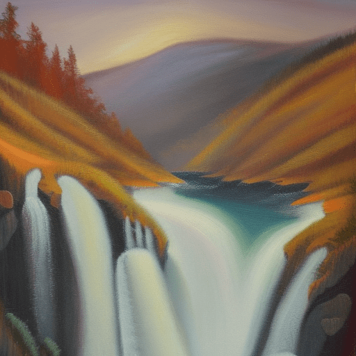 An oil painting portraying a breathtaking waterfall nestled in a serene mountain landscape, the medium allows for rich textures and depth, the perspective is from a riverbank, capturing the waterfall in the distance, the style is impressionistic, with loose brushstrokes that evoke a sense of movement and tranquility, the lighting is soft, with the warm glow of the setting sun casting a golden hue, the color palette is a mix of cool blues, greens, and warm earth tones, created by thomas moran and caspar david friedrich