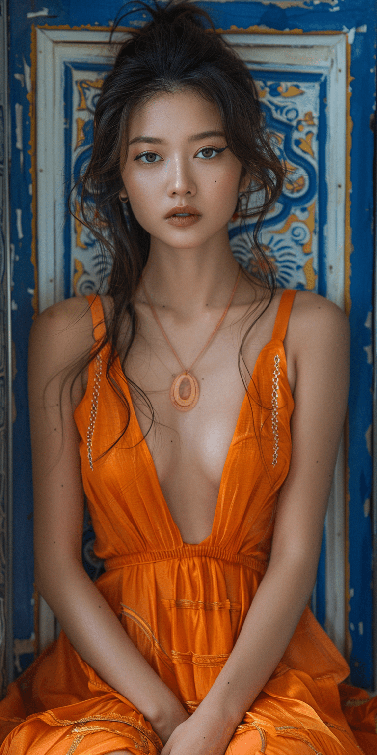 A photo of an asian woman in an orange dress sitting inside a big wooden frame, with blue and white walls featuring golden patterns and vibrant colors, in the style of surrealism art installation --ar 1:2 --stylize 750