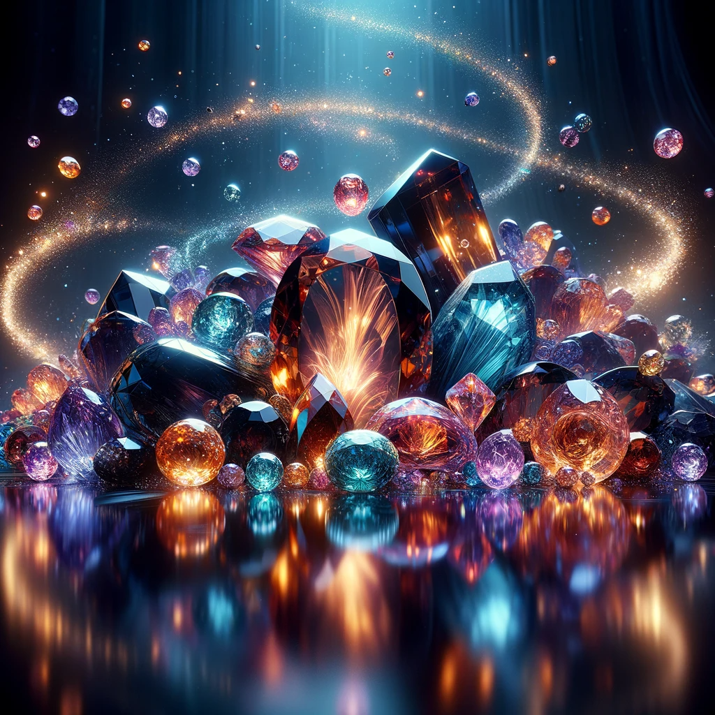 A digitally enhanced image of a collection of gemstones, creating a mesmerizing and luxurious scene. The gemstones are glowing with an inner light, casting vivid reflections and refractions on a sleek black surface that looks like polished obsidian. Each gemstone exudes a magical aura, with ethereal wisps of light swirling around them. The ambiance is elevated with sparkling micro-crystals suspended in the air, giving the impression of a mystical treasure trove. The overall atmosphere is otherworldly, with a rich color palette that enhances the deep hues of the gemstones and contrasts with the dark background. Robiness. Masterprompter.