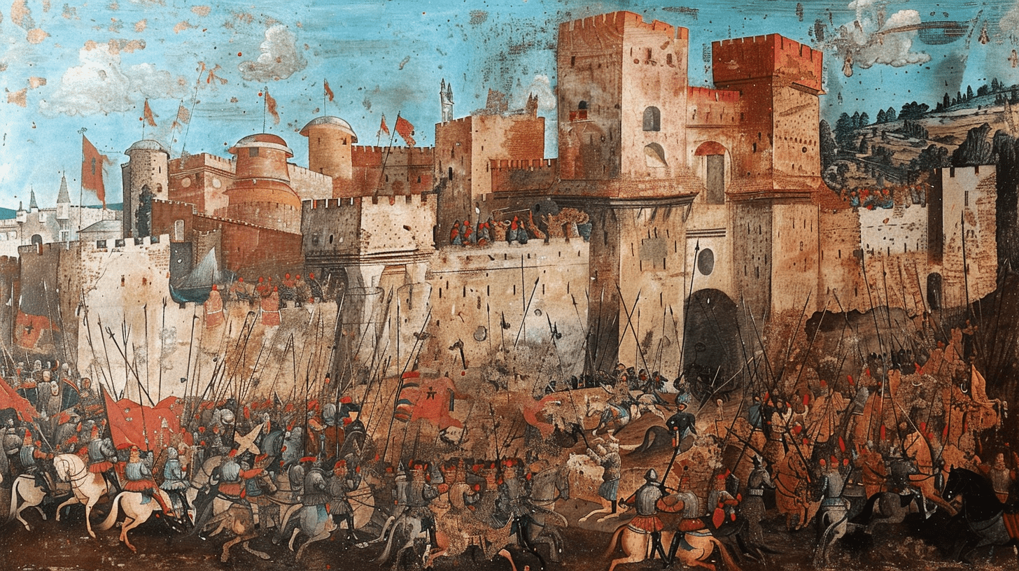 A siege of a castle in medieval ages painting in style of piero della francesca