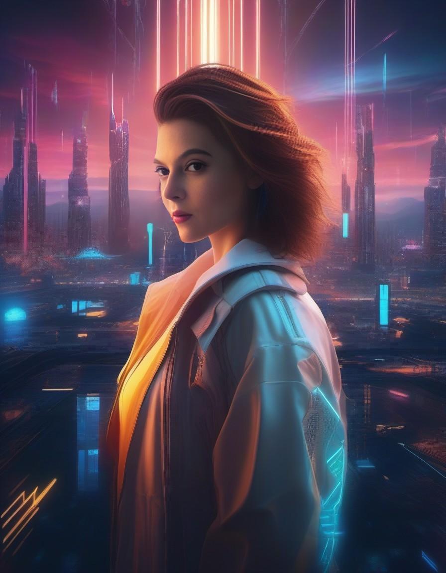 Draw a futuristic city inspired by cyberpunk architecture with a sky filled with neon lights and towering buildings reflecting the sunset rays