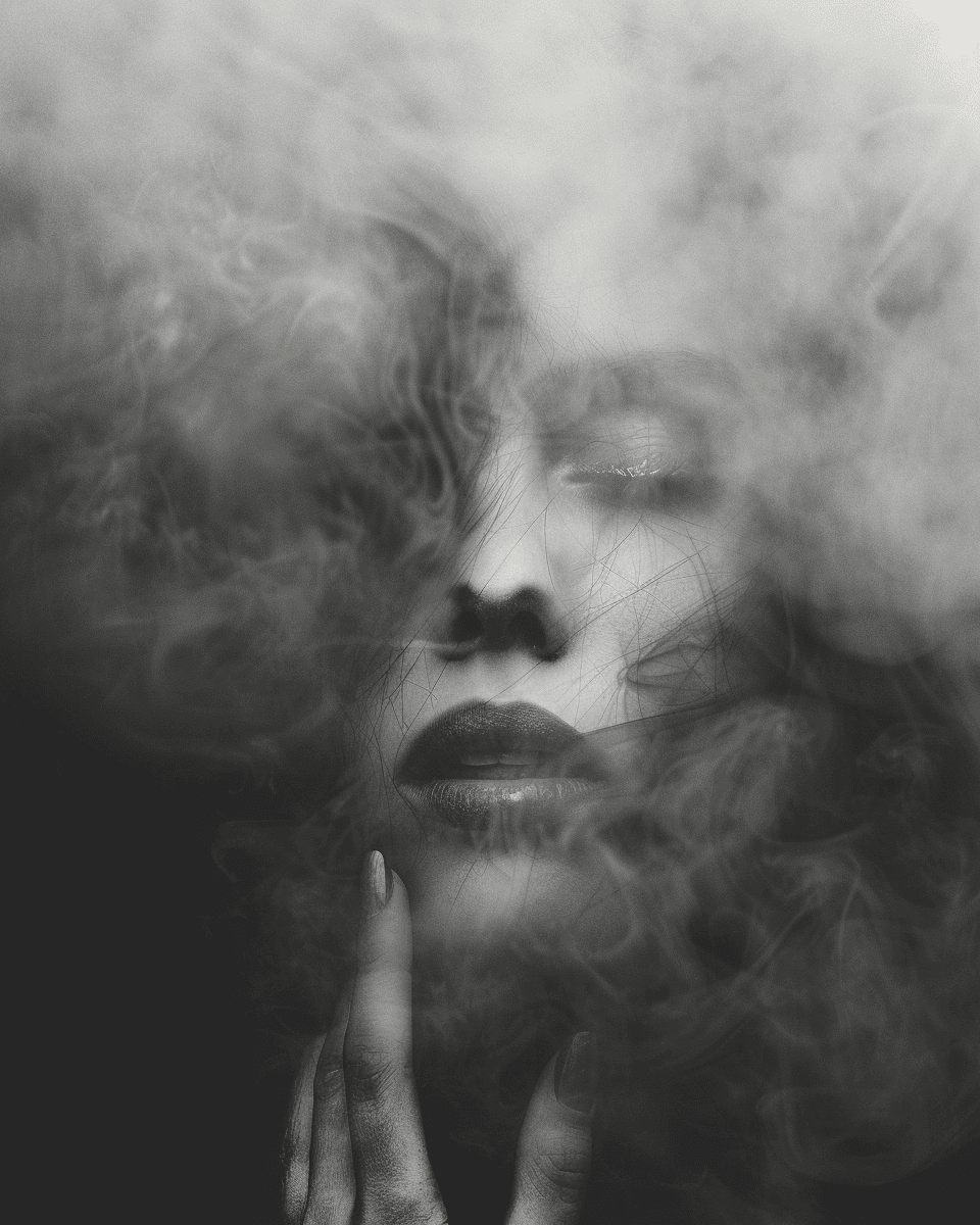 A black and white photograph of an abstract female face emerging from fog, with the focus on her eyes and lips. The background is blurred to create depth in space. She has long hair that falls around her neck, adding texture and movement. Her hand touches one eye as if she's trying to open it or close it. This composition creates mystery and intrigue about who they could be. --ar 4:5 --v 6. 0