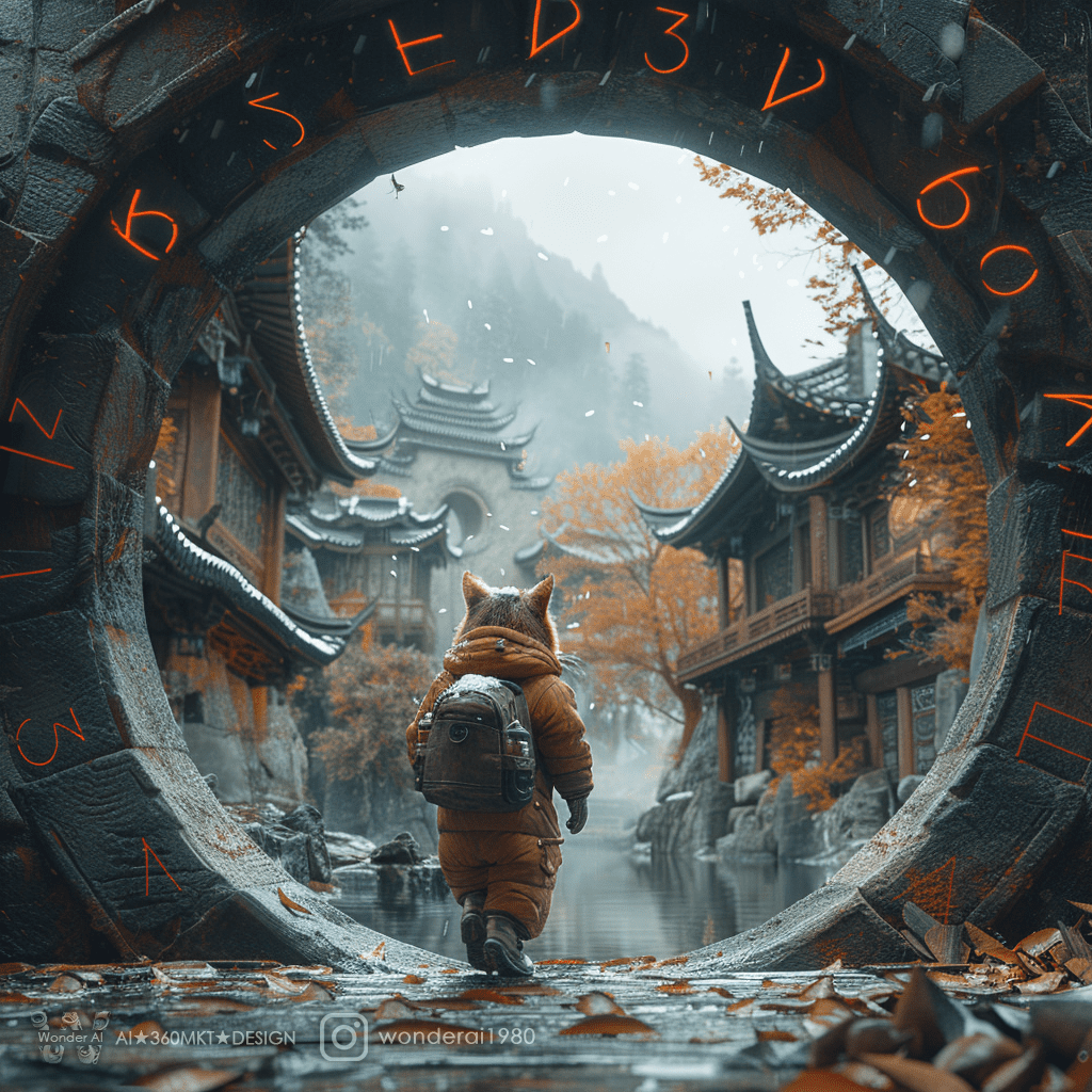 Personification tiny cute cat wearing the north face clothes and hiking shoes, walking inside (((an old clock) )) magical portal with glowing numbers around it, with tang dynasty architecture, leaves, water and mountains in the background, snowing, weathercore, an epic scene, surreal photography in the style of cai guoqiang, a time portal gate, time travel, a time tunnel, fantasy landscape, a misty afternoon light, a dramatic sky, cinematic, gray and green, ultrawide, back view