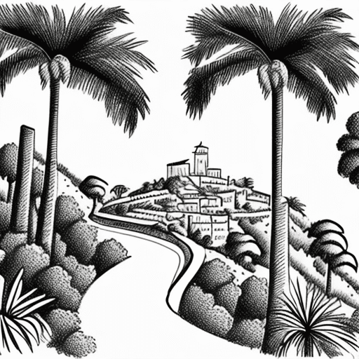 A simple pretty sketched line drawing cartoon graphic to be used on a wedding invitation picturing a mallorcan villa perched on top of a hill, with a sloping winding path down the hill to a garden below including cypress trees and palms. Black and white.