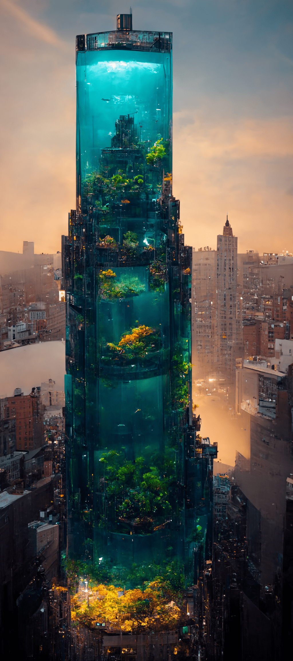 Aerial view of a giant fish tank shaped like a tower in the middle of new york city, 8k octane render, photorealistic --ar 9:20