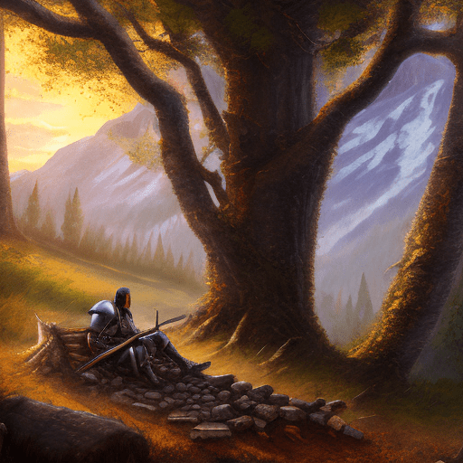 Realistic painting, man in plate armor resting in a bonfire under a tree, elden ring, natural light, fantasy landscape, wet-on-wet blending, dark fantasy, extreme details, forest, wide angle, mountain, vivid colors, tiziano, photorealistic, highly detailed