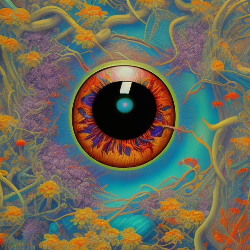 A painting of an eye with purple and orange flowers, in the style of james jean, mysterious jungle, martin ansin, 32k uhd, papua new guinea art, light blue and red, poster --ar 37:61 --stylize 750 --v 6
