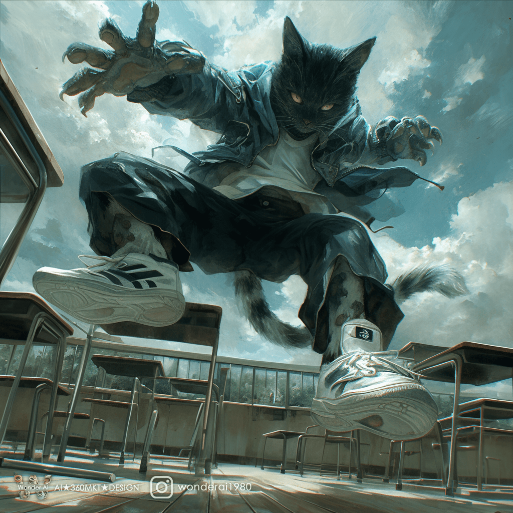 Real anthropomorphic cute cybernetic cat wearing adidas jacket and sneakers, (((cracked floors) )), ((a classroom in shambles) ), disordered tables and chairs, a beautiful sky, ((inverted city buildings) ), gray and green, fantasy, super wide-angle, hyper detailed, cinematic