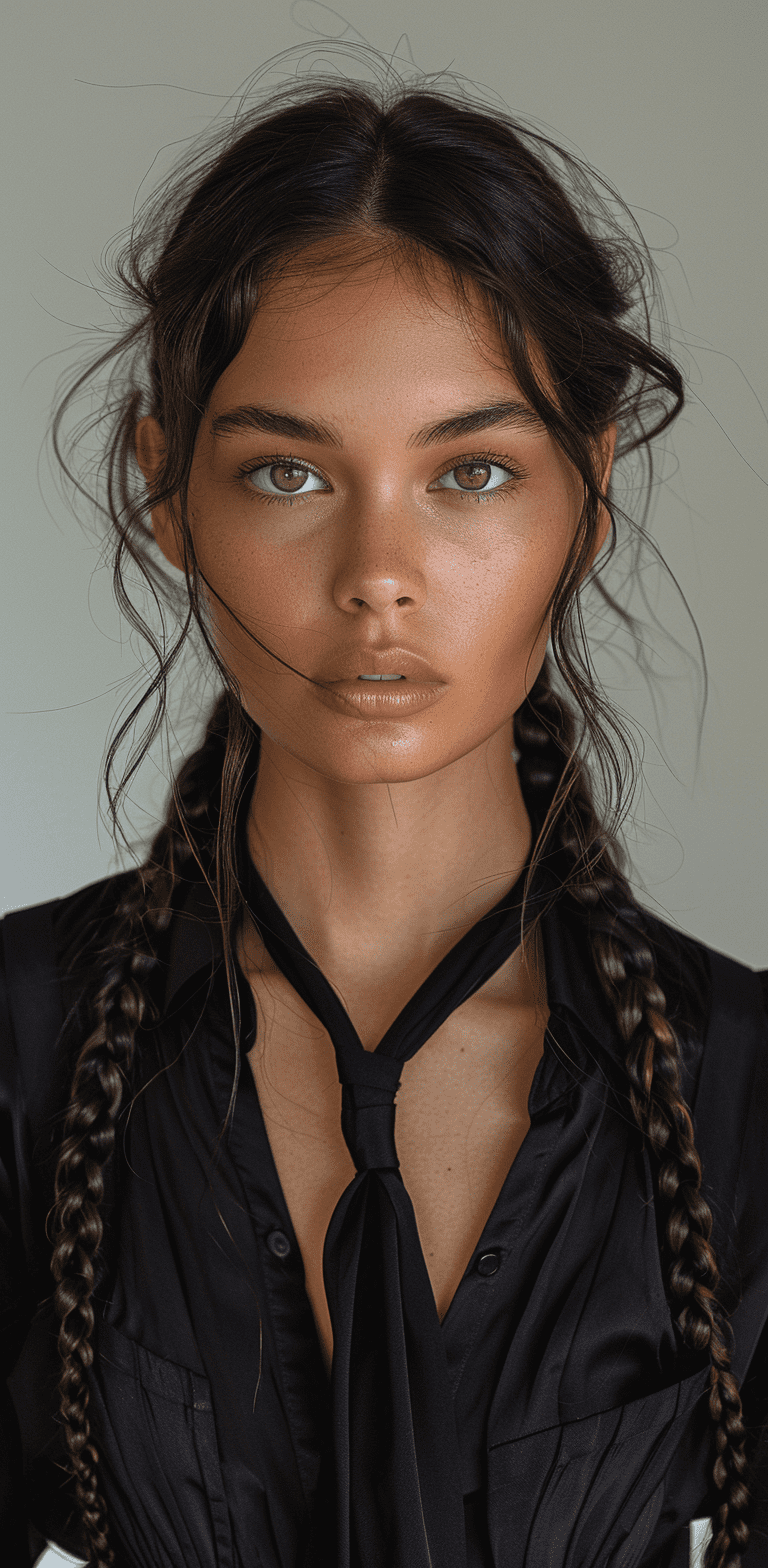 A hyper realistic fashion portrait of an androgynous supermodel with long dark hair in sleek braids, wearing black tie, looking straight at the camera, neutral expression, neutral background, skin texture details, high resolution, ultra-realistic photography --ar 63:128 --stylize 750
