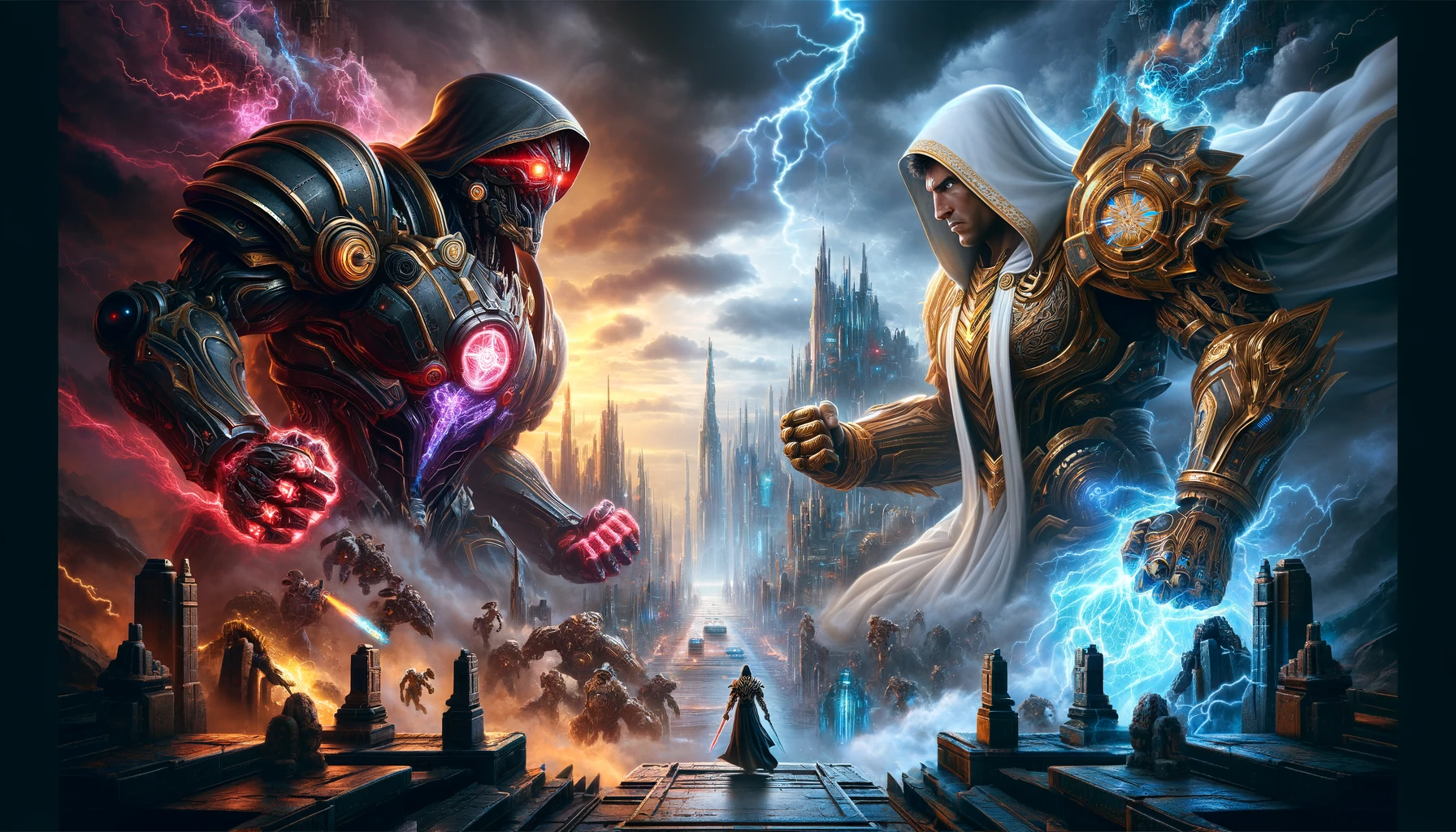 Build an image depicting the pivotal moment of the concept of 'the final stand': a bridge between two worlds where a lone figure confronts two titanic forces. On one side, a mechanical behemoth charged with electricity stands ready to strike, and on the other, an illuminated figure in golden armor channels mystical energy. The backdrop is a city where gothic spires rise amidst futuristic buildings under a sky alive with the chaos of a brewing storm. Additional warriors are seen clashing in the distance, adding to the sense of an epic battle. High-detail rendering for both the knight and titan, with a dynamic and stormy background. The model should emphasize the contrast between the gothic and futuristic architectural elements.