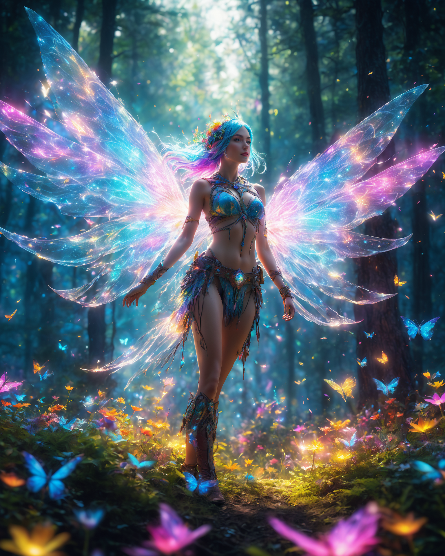 Magical forest scenery, chronomancer (a female) , a time-manipulating mage, clean skin, particles of light, multi color fairy wings, neon multi color hair, soft particles of fractal energy, depth of filed, breath of wild, lots of flowers around, masterpiece, perfect anatomy, 32k uhd resolution, best quality, highres, realistic photo, professional photography, cinematic angle, cinematic lights, vibrant, vivid color, highest detailed, whole body from far away, looking at viewer, cowboy shot