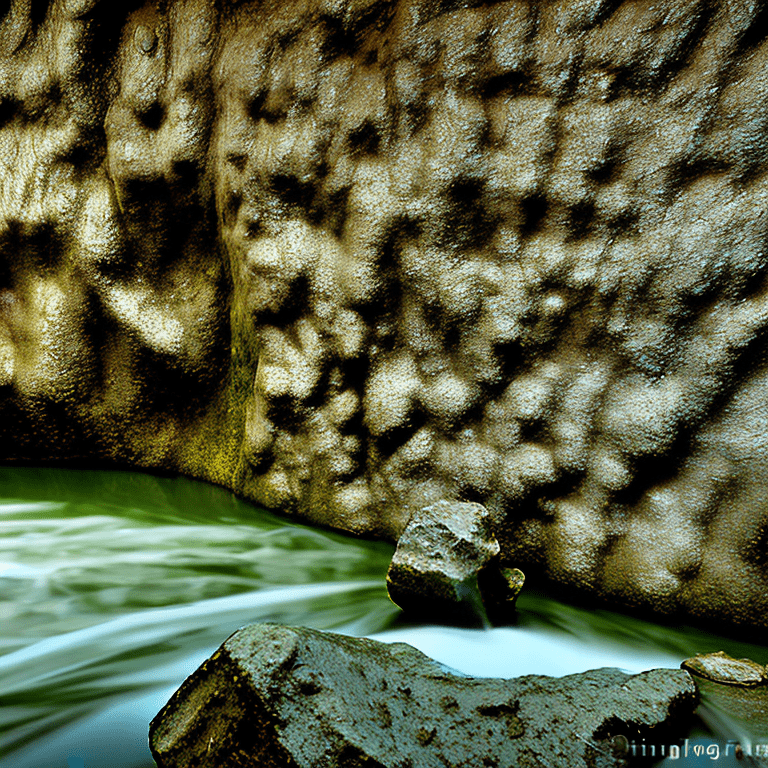 High resolution photography primer plano: una roca erosionada por el agua del río, con detalles como musgo, líquenes y texturas rugosas. La roca debe estar parcialmente sumergida en el agua cristalina, con pequeñas olas rompiendo contra ella. Plano medio: un río serpenteante que fluye a través de un valle verde y frondoso. Se pueden ver algunos árboles y arbustos a lo largo de la ribera. Fondo: una cordillera nevada que se eleva imponente en el horizonte. Las nubes oscuras y amenazantes se arremolinan en el cielo, creando una supertormenta dramática. Un rayo ilumina la escena en la distancia. Detalles adicionales: la iluminación debe ser natural y brillante, con un fuerte contraste entre la roca en primer plano y las montañas nevadas en el fondo. La composición debe ser equilibrada, con la roca en primer plano ocupando un tercio de la imagen y las montañas nevadas llenando los dos tercios restantes. La fotografía debe transmitir una sensación de majestuosidad, poder y naturaleza salvaje.