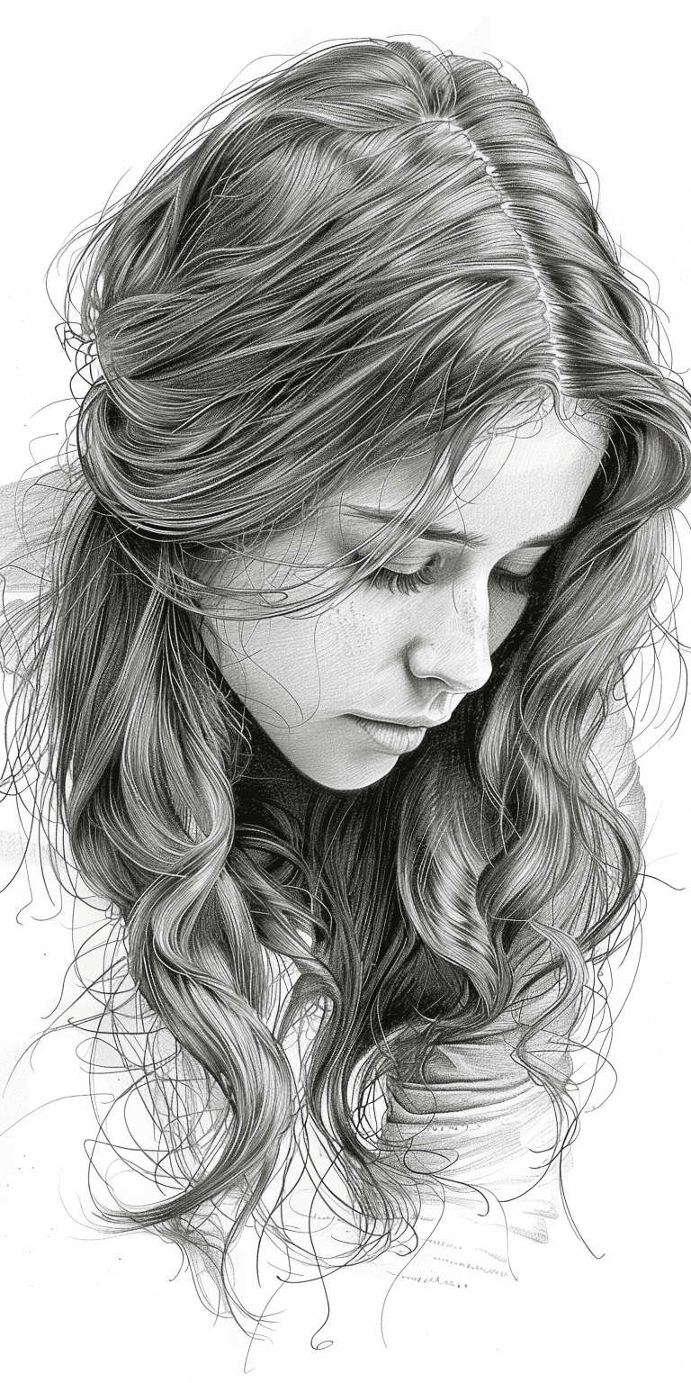 Pencil sketch, woman with long hair, hyperdetailed --ar 1:2 --stylize 750