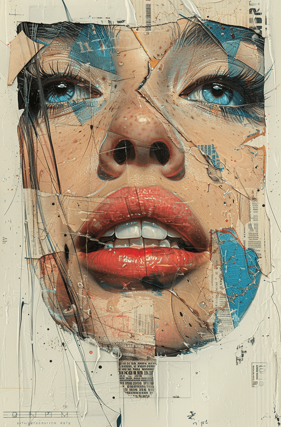 Print collage of a woman's face, in the style of josef kote, grunge beauty, dain yoon, cyan and blue, highly detailed realism, multi-layered compositions, antonio mancini --ar 73:111 --stylize 750 --v 6