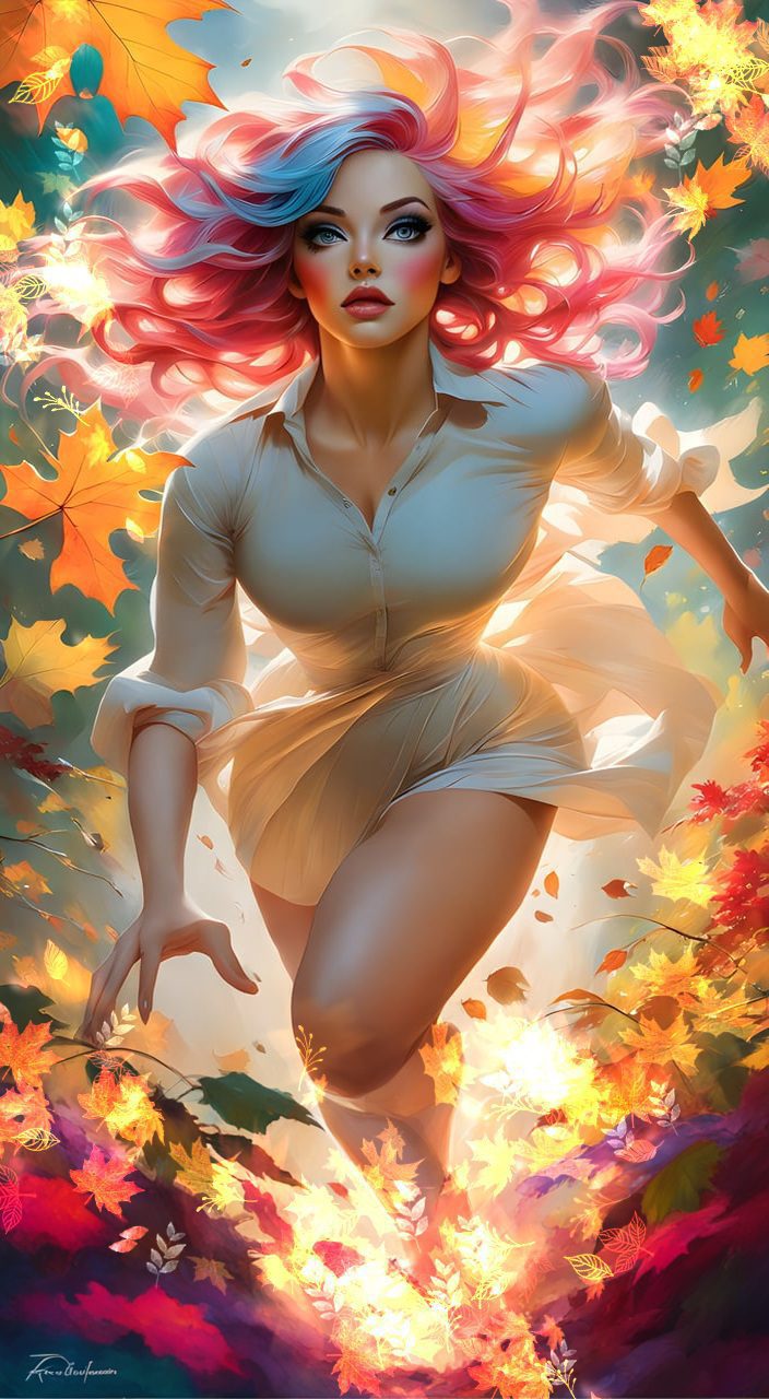 Beautiful angle view of species woman individual from another planet with multicolored hair, beautiful colorful eyes, run in autumn garden, breeze at dawn, alcohol ink painting, psychedelic art by ross tran, antonio j. Manzanedo, tom bagshaw, mandy disher, cinematic, 32k, stills from steven spielberg epic film, clear focus, hyperrealistic repin artstation painting, detailed character design concept art, matte painting
