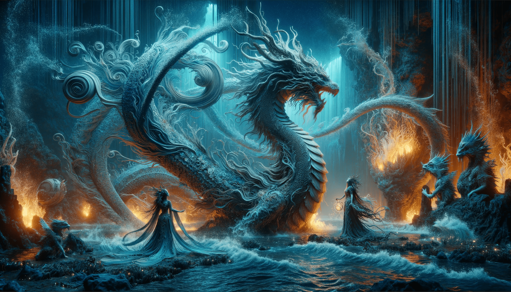 Create a hyper-maximalist, detailed cinematic painting featuring a majestic water dragon and its queen, fully embracing an aquatic theme. The dragon embodies the ocean's depth and mystery, with scales that mimic the textures of flowing water, coral, and marine life. The queen, standing beside the dragon, is adorned in attire that reflects the richness of the underwater world, with garments that shimmer like the surface of water, embellished with sea-themed ornaments and patterns reminiscent of ocean waves and sea foam. The scene is set in an enchanting underwater kingdom, surrounded by a vibrant display of marine life, including schools of colorful fish, floating sea plants, and bioluminescent organisms. Whirlpools and gentle underwater currents swirl around them, adding a dynamic element to the composition. The entire scene glows with the soft, otherworldly light typical of deep-sea environments, highlighting the beauty and serenity of this aquatic realm, all rendered in ultra-high 8k resolution to capture the intricate details and unique ambiance of this underwater fantasy. Robiness. Masterprompter.