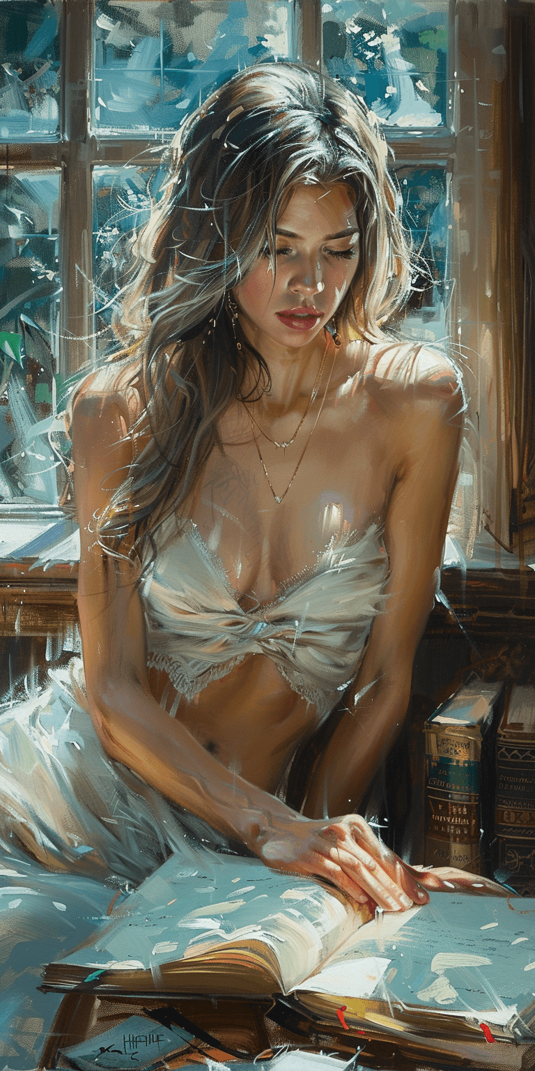 Oil painting of a beautiful woman in a white dress sitting at desk reading a book by the window, sunlight coming through the window, detailed face, in the style of portrait impressionist, expressive brushstrokes, delicate features --ar 1:2 --stylize 750