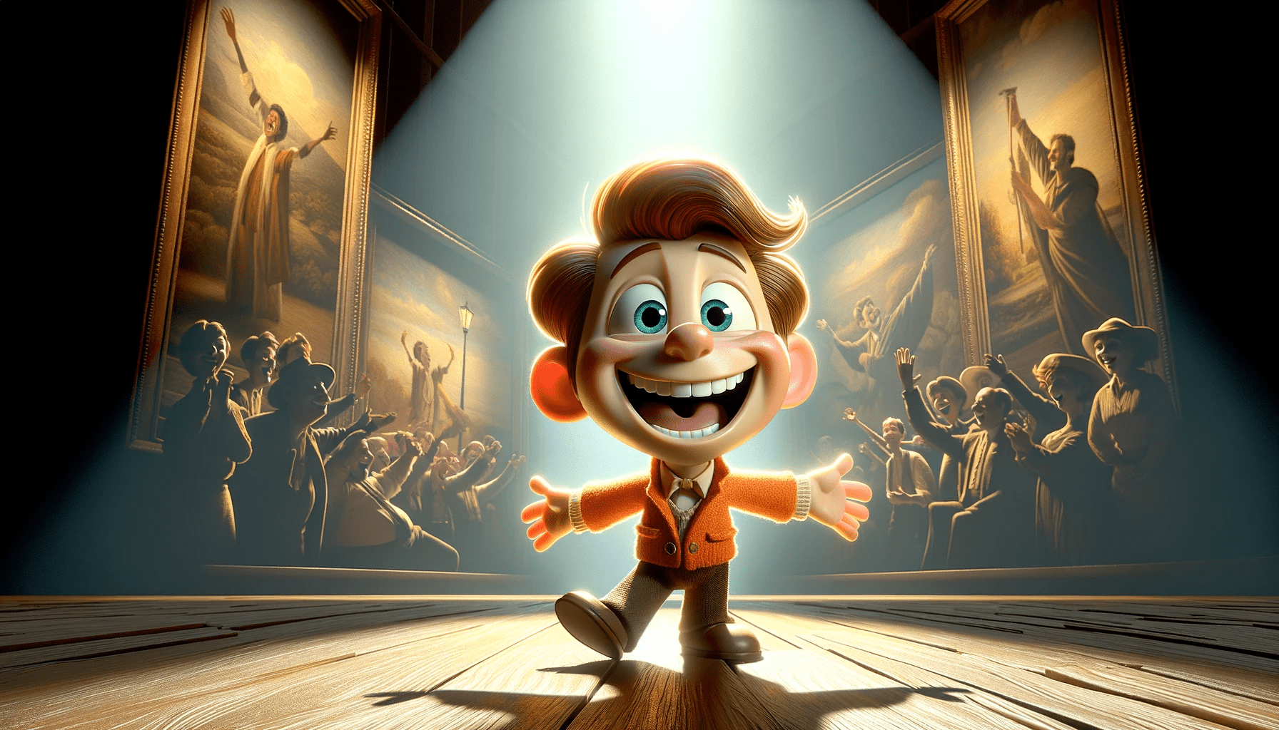 A high-detail pixar-style cartoon character in a joyful and happy scene, set in an environment with photorealistic and artistic details, enhanced by chiaroscuro lighting effects. The composition mirrors the style of an oil painting, reminiscent of the works of raphael and caravaggio, with a cinematic quality. 16:9