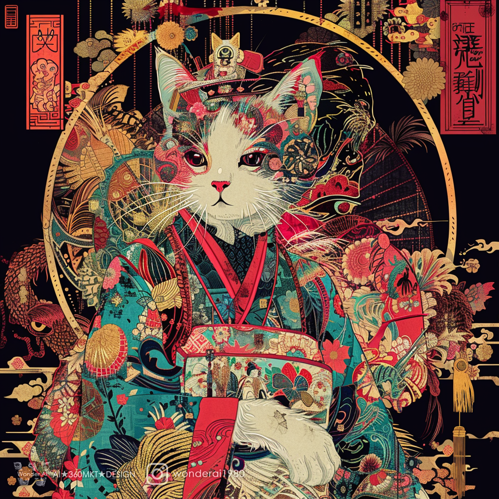 In the style of ((glitch art) ), a beautiful illustration of a cat dressed as anime geisha, with bold colors and digital collage in the style of katsuya terada and james jean. High details and intricate patterns create a masterpiece with a full body shot. Pop culture elements and japanese design inspire the poster composition and portrait on a large canvas. The editorial photography style is cinematic like a fashion magazine cover