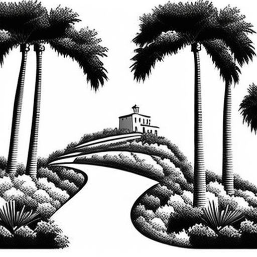 A simple pretty line outline graphic to be used on a wedding invitation picturing a mallorcan villa perched on top of a hill, with a sloping winding path down the hill to a garden below including cypress trees and palms. Black and white. No shading at all, no detail, just the outline of objects in rough sketch. Minimalistic style.