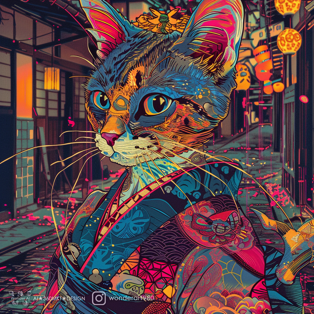A beautiful illustration of a cat dressed as anime geisha in the style of glitch art, with bold colors and digital collage in the style of katsuya terada and james jean. High details and intricate patterns create a masterpiece with a full body shot. Pop culture elements and japanese design inspire the poster composition and portrait on a large canvas. The editorial photography style is cinematic like a fashion magazine cover