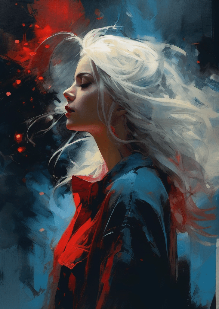 Digital wallpaper, smoke, girl, hd, 4k, moody hue, calm, badass, long white hair, digital painting, (expressionism:0. 9) , dramatic, midnight, blue and red lights, unforgettable, very intricate, by jeremy mann, milo manara, jean baptiste monge