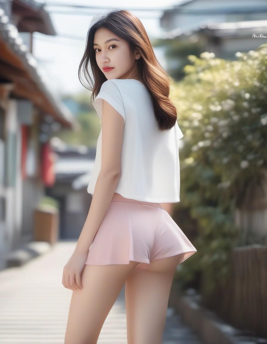 A beautiful korean woman with sultry honey eyes and brown hair, wearing plaid pleat shorts and drawstring shirred tube top, stunning, highly detailed, digital painting, artstation, hard focus, art by artgerm and wlop