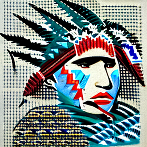 Primer plano de un guerrero sioux con el rostro pintado de guerra. La pintura facial debe ser detallada y compleja, utilizando colores vivos y símbolos tribales. El guerrero debe tener una expresión feroz y determinada. El fondo debe ser borroso o inexistente, para que toda la atención se centre en el rostro del guerrero.