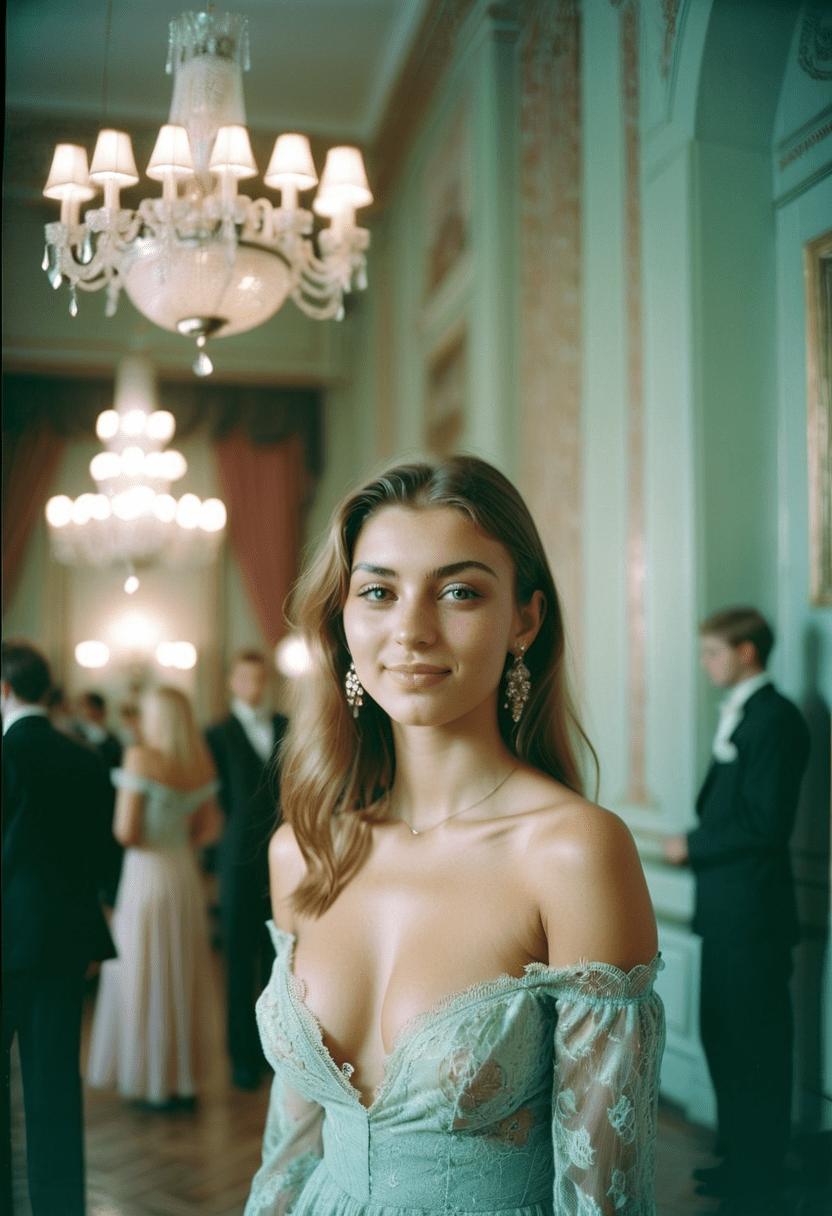 Analog color film photograph of a beautiful eastern european woman with light colored perfect eyes smiling and staring at the viewer, vivid rose and aquamarine colors, long brunette hair pulled back, wearing an off the shoulder elegant and highly detailed lace dress, light makeup, dangling jeweled earrings, posing in an elegant hall made of dark woods and luxurious decorations, formal party, several well dressed people in the background, muted colors, desaturated, iso 200 faded film, 35mm photo, grainy, vignette, vintage, kodachrome, lomography, stained, highly detailed, found footage