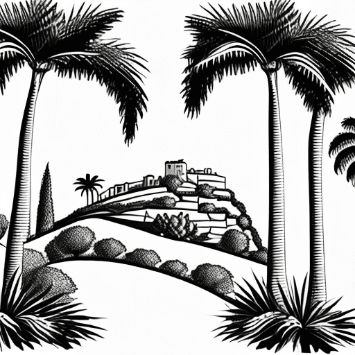 A simple pretty line outline graphic to be used on a wedding invitation picturing a mallorcan villa perched on top of a hill, with a sloping winding path down the hill to a garden below including cypress trees and palms. Black and white. No shading just the outlines in rough minimal style.