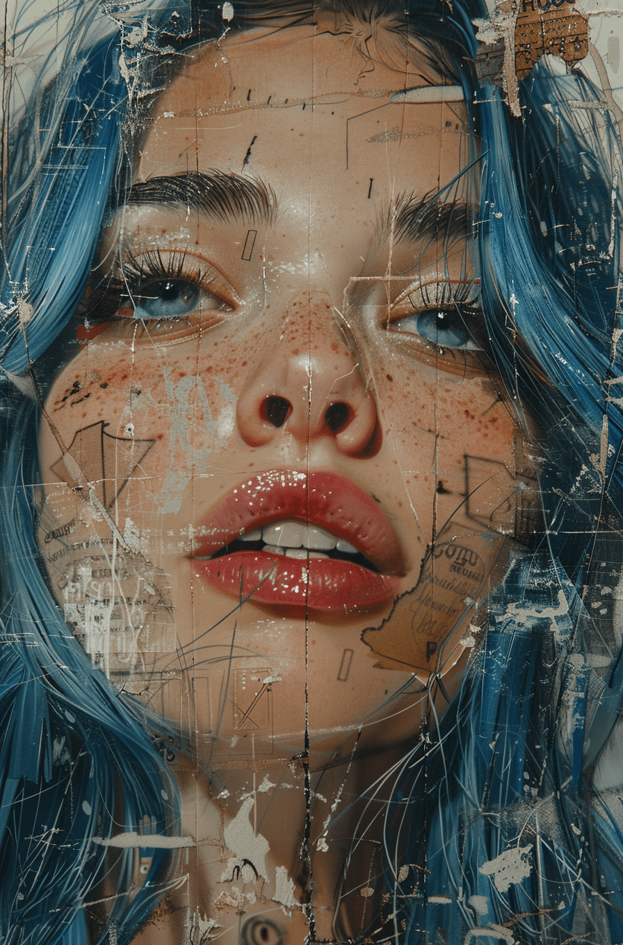Woman with blue hair, in the style of multi-layered collages, edgy street art, celebrity-portraits, cardboard, fragmented icons, realistic hyper-detail, crossed colors --ar 73:111 --stylize 750 --v 6