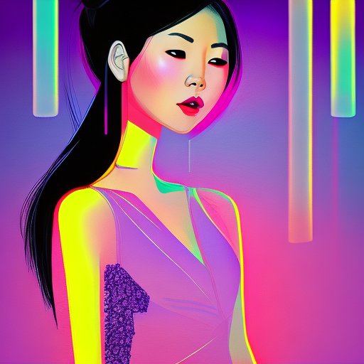 Asian girl wearing an elegant top or dress at night, in the style of iconic album covers, neon-infused digitalism, animated gifs, light purple and light amber, i can't believe how beautiful this is, soft-focus portraits, chicano-inspired --ar 1:2 --stylize 750 --v 6