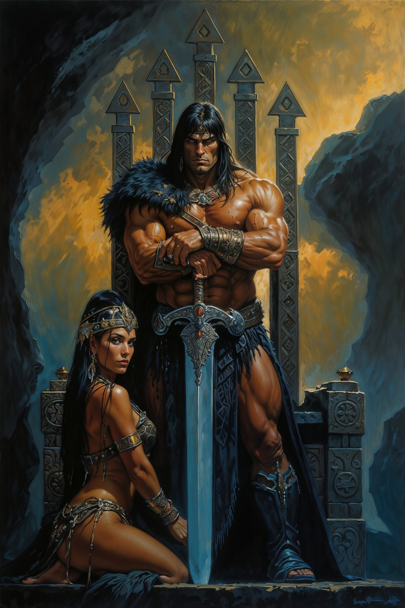 An exquisite dark fantasy oil painting depicting the formidable lord conan, the emperor of the waste, standing confidently next to his lavish, jewel-encrusted throne. His muscular build and striking features are accentuated as he grasps his resplendent, ornate sword with an intricate hilt. The masterful brushwork of boris vallejo and frank frazetta creates a sense of depth and dimension, with dramatic shadows highlighting his chiseled jawline and powerful stance. The captivating illustration exudes an aura of mystery and intrigue, inviting the viewer to explore this enthralling world. His consort, adorned with long red braided hair and a jeweled dress armor, sits at his feet, gazing up at him with admiration and devotion. , painting, dark fantasy, illustration