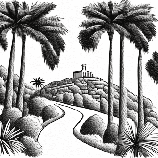 A simple sketched line drawing graphic to be used on a wedding invitation picturing a mallorcan villa perched on top of a hill, with a sloping winding path down the hill to a garden below including cypress trees and palms. Simple pretty graphic in black and white.