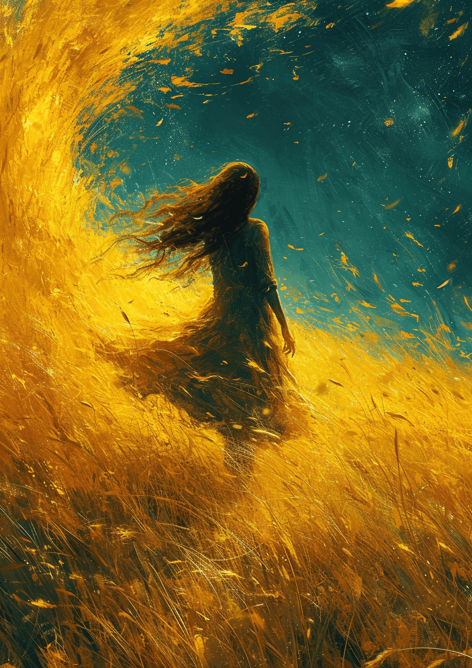 A girl walking through a field, in the style of ethereal trees, dark yellow and azure, majestic, sweeping seascapes, photorealistic representation, graceful balance, wimmelbilder, orange --ar 72:101 --stylize 750 --v 6
