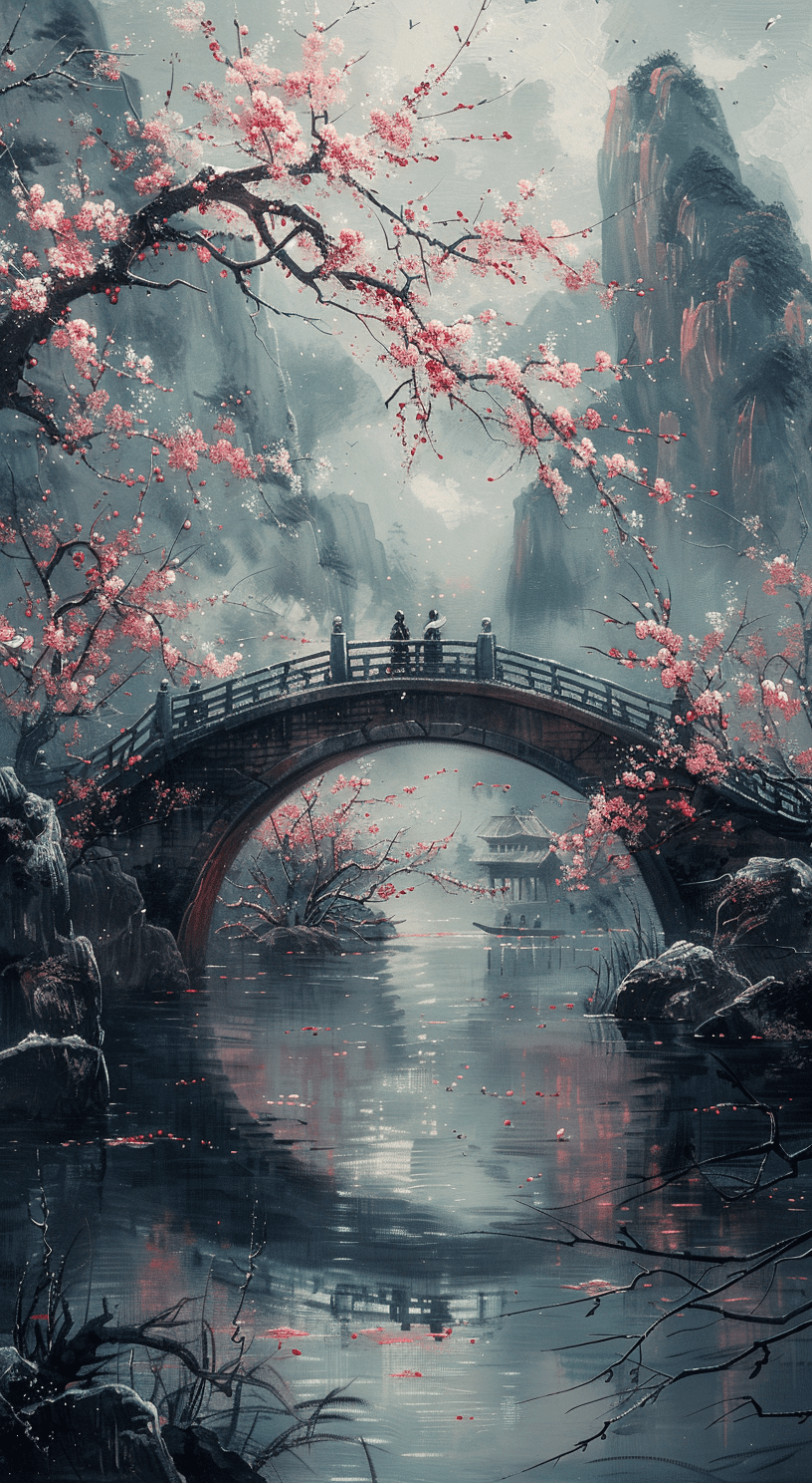 Two people walk the bridge under a large cherry blossom, in the style of atmospheric paintings, gray and aquamarine, airbrush art, dark white and dark gray, lovely --ar 35:64 --stylize 750 --v 6