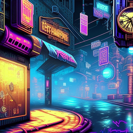 High resolution background in cyberpunk style, clocks steampunk inspired floating around, dreamworld colors, cyber light, ultrarealistc hyperrealism, ultra-detailed, graffiti pixel art, ultrarealistc cinematography