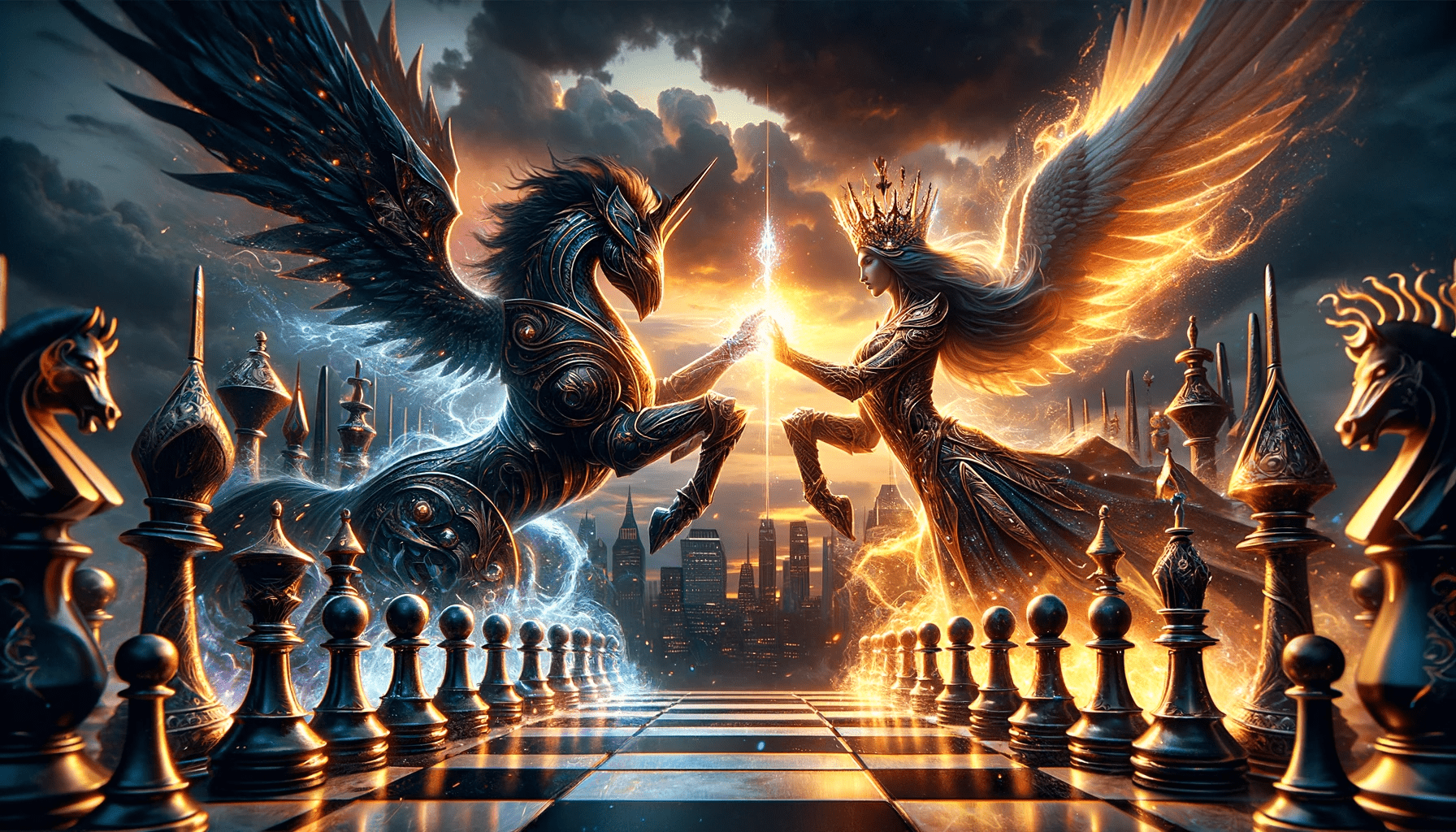 Create a majestic and detailed digital artwork inspired by an epic battle between two mythical chess pieces, a dark knight and a radiant queen, on a grand chessboard. The knight and queen are not standard pieces but towering, animated figures clad in intricate armor, the knight with a motif of smoldering dark metal and fiery accents, the queen resplendent in golden armor with glowing blue energy. They are engaged in a magical duel, with sparks and energy bolts between them, set against a dramatic city skyline at dusk. The chessboard reflects the intense energy of the battle, casting a luminous glow on the scene. The atmosphere is charged with the power and grace of these colossal chess champions, locked in a timeless struggle, symbolizing the eternal battle of strategy and intellect. Robiness. Masterprompter.