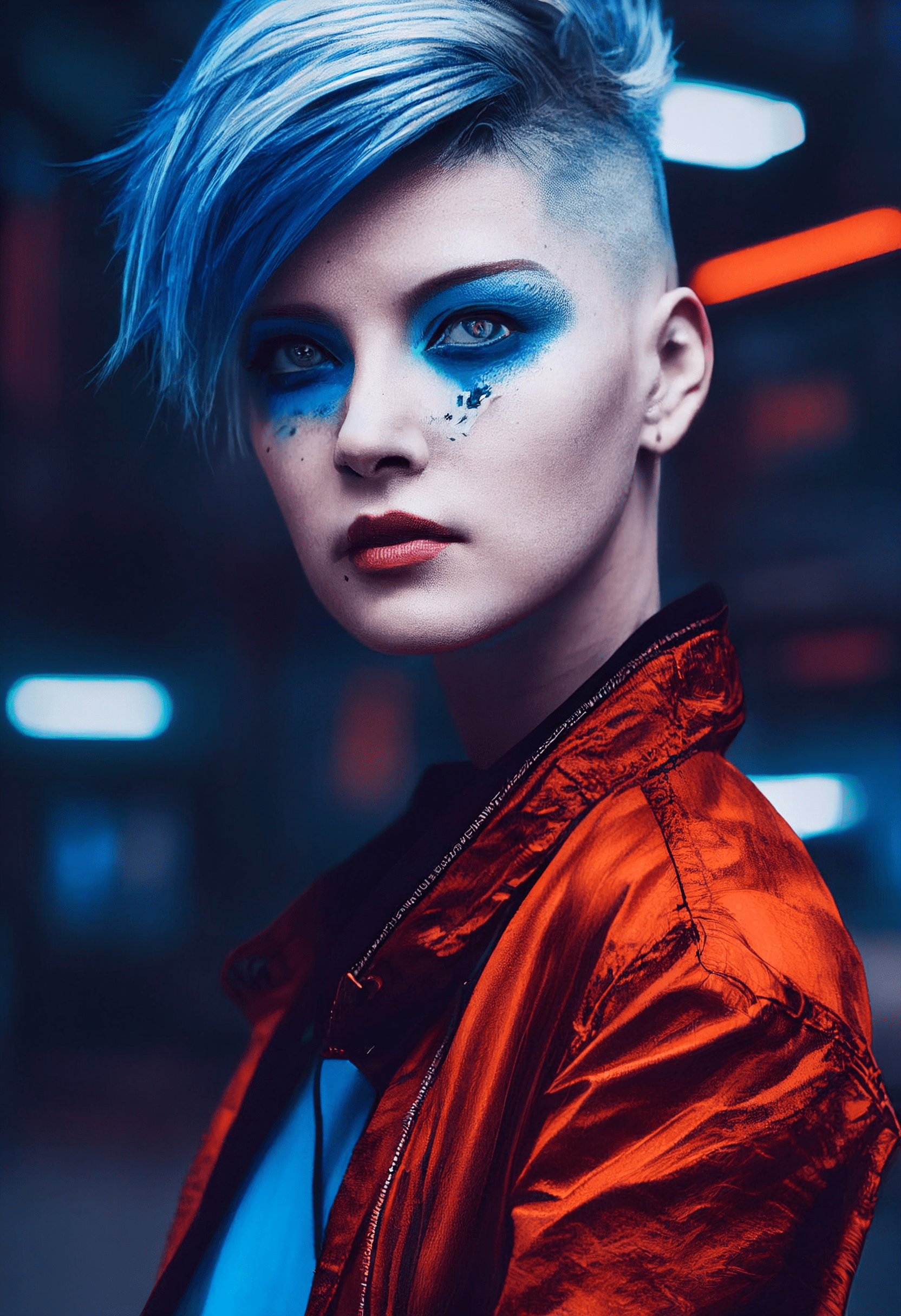 Beautiful pale cyberpunk female with heavy black eyeliner, blue eyes, shaved side haircut, hyper detail, cinematic lighting, magic neon, dark red city --ar 9:16 --testp --upbeta