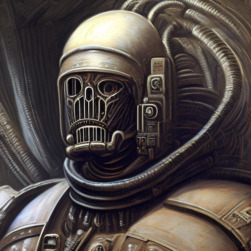 Space marine portrait in the middle of the day, h. R. Giger style but depicted as an oil painting by rembrandt --ar 2:3 --v 5