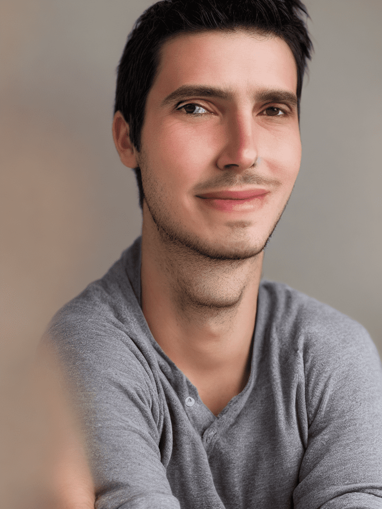 High-resolution, one young adult male portrait, casual vibe, in his thirties, short casual dark hair, thick and no glasses, confident and friendly smirk, embracing life, bright perceptive and insightful eyes, relaxed facial structure, natural complexion, warm soft lighting, approachable wide jawline, informal attire, soft-blurred background, charismatic facial expression, natural eyebrows with a gentle arch, healthy skin tone, clean-shaven, affable technical leader